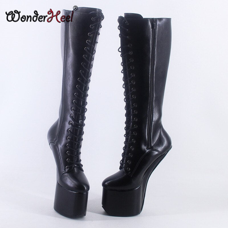 Wonderheel New 22cm Hoof Heels Matte Leather Sexy Fetish Cosplay With Platform Knee High Boots Lace Up Heelless Horse Shoes