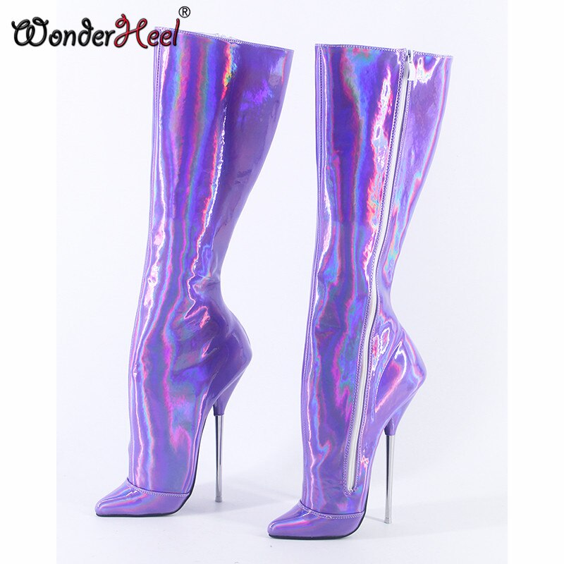 Wonderheel 2020 New Style 7" Stiletto Heel Laser Crystal  Purple Sexy Pointed Toe Knee High Boots Nightclub Women Ballet Shoes