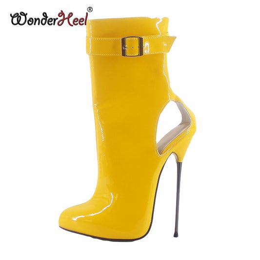 Wonderheel New 16cm stiletto heel super high heel Patent PVC Leather sexy fetish ultra thin metal heel Nightclub ankle boots