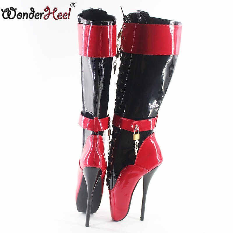 Wonderheel ultra high heel 18cm stilleto heel black and red patent women knee high padlocks ballet boots fetish fashion shoes