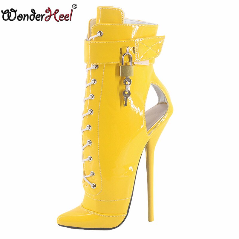 Wonderheel  New Style 7" Thin Heel Patent Leather Sexy Fetish Ballet Ankle Boots PVC Locked Padlocks Women Ballet Shoes