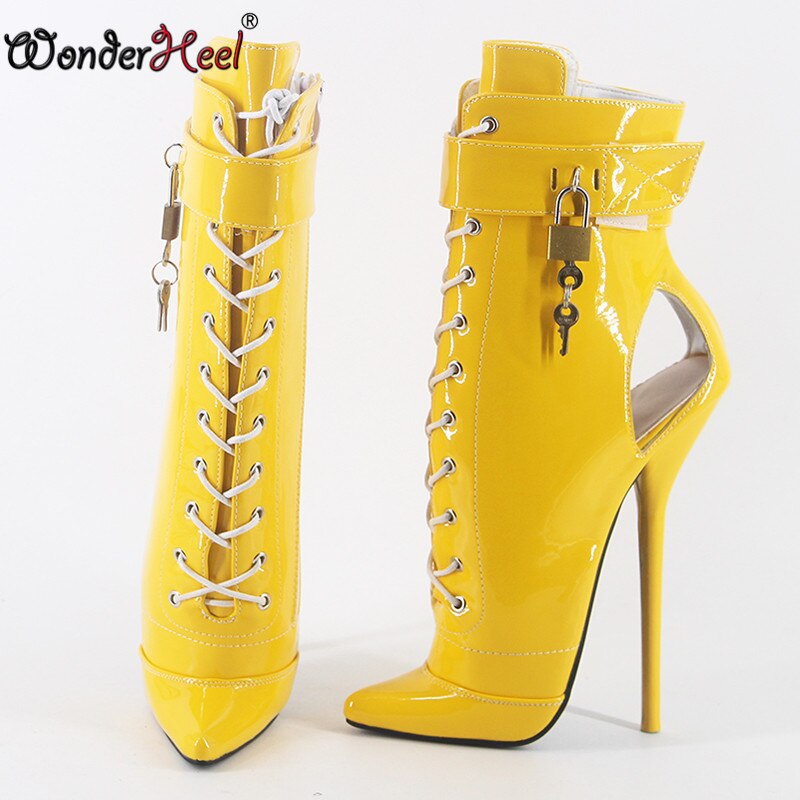 Wonderheel  New Style 7" Thin Heel Patent Leather Sexy Fetish Ballet Ankle Boots PVC Locked Padlocks Women Ballet Shoes