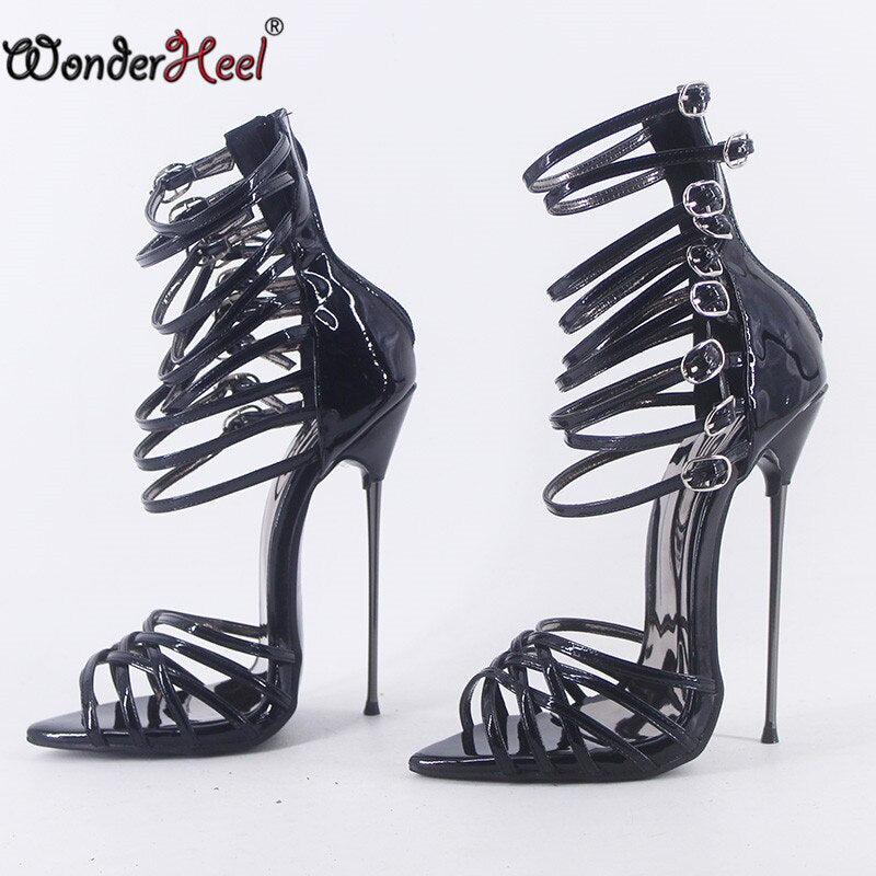 Wonderheel Summer Extreme Ultra Thin Metal Heel 16cm Stiletto Heel Sexy Pointed Toe Nightclub Buckles Straps High Heel Sandals