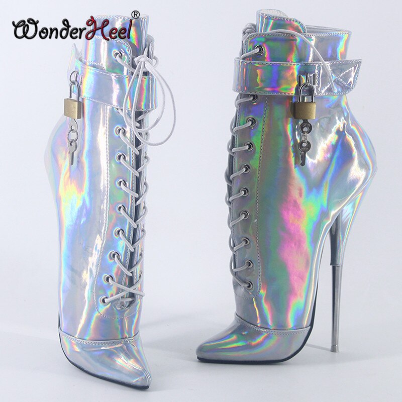 Wonderheel 2020 New 7" stiletto heel Laser crystal leather sexy fetish ankle ballet boots nightclub padlocks women ballet shoes