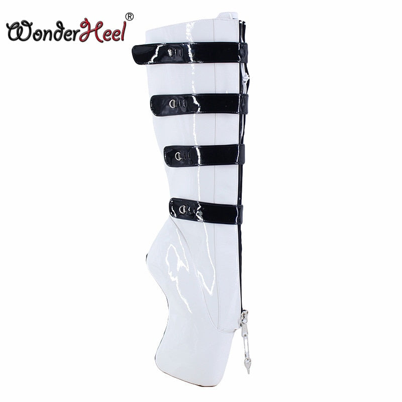 Wonderheel New Ballet Boots 18cm Curved Heel Women Modern Shoes Locked Padlocks Sexy Fetish Lockable Zipper Knee High Boots