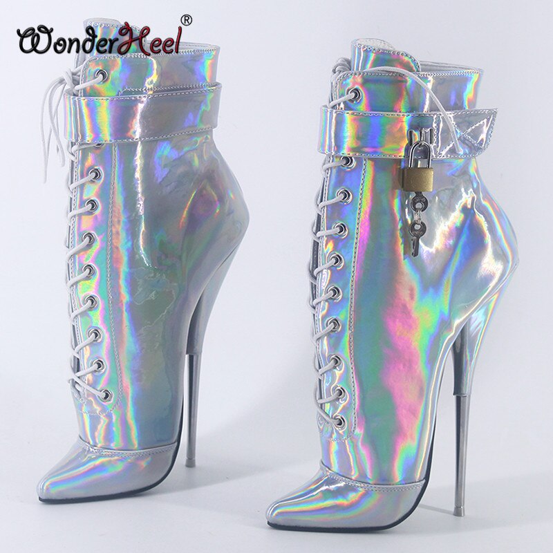 Wonderheel 2020 New 7" stiletto heel Laser crystal leather sexy fetish ankle ballet boots nightclub padlocks women ballet shoes