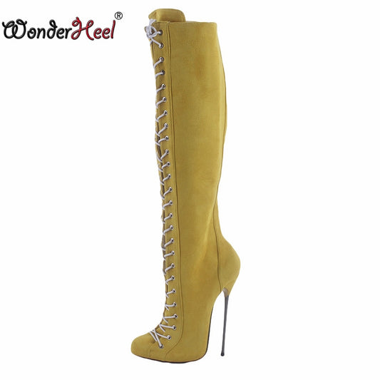 Wonderheel New 16cm Ultra Thin heel Extreme high heel Suede Leather sexy Wonder Girls Nightclub Lace Up Knee High Boots Big Size