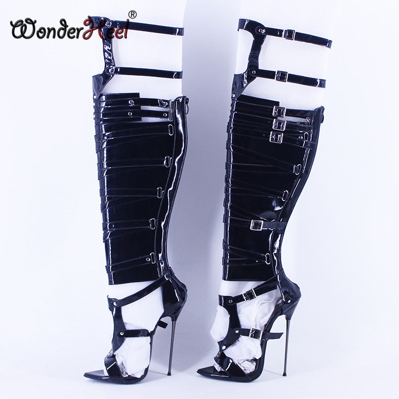 Wonderheel New 16cm Ultra Thin Metal heel Extreme high heel Patent Leather sexy Wonder Girls Nightclub Hollow Over knee Boots