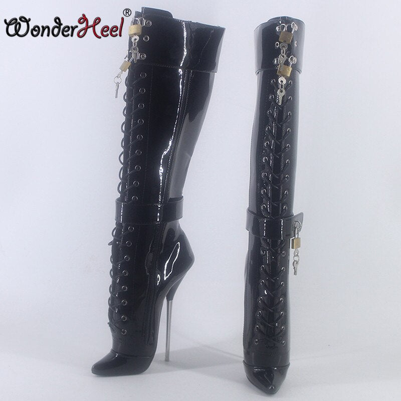 Wonderheel 2020 New high heel 7" stiletto heel patent leather sexy fetish locked padlocks knee high boots women ballet shoes