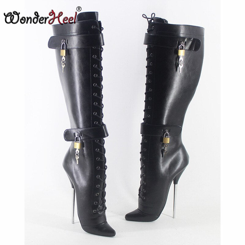 Wonderheel 2020 New 7" stiletto heel matt leather fetish Locked padlocks knee high ballet boots nightclub women ballet shoes