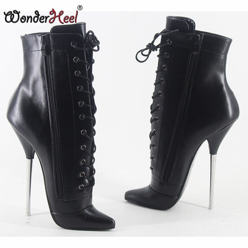 Wonderheel In Store on Sale 7" Stiletto Heel Black Matte Leather Sexy Fetish Ankle Ballet Boots Nightclub Women Ballet Shoes