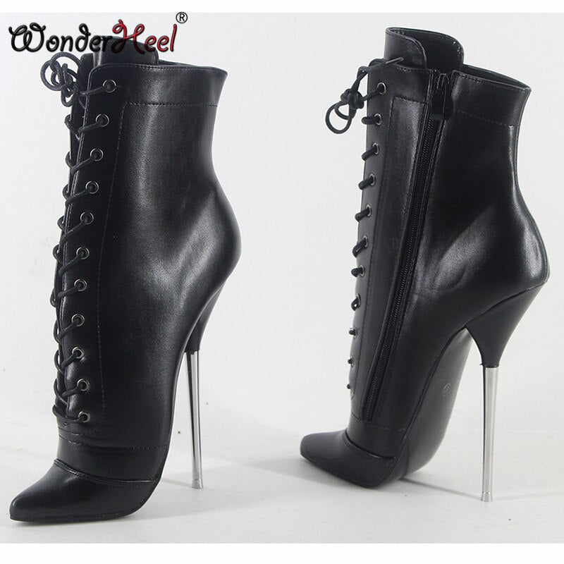 Wonderheel In Store on Sale 7" Stiletto Heel Black Matte Leather Sexy Fetish Ankle Ballet Boots Nightclub Women Ballet Shoes