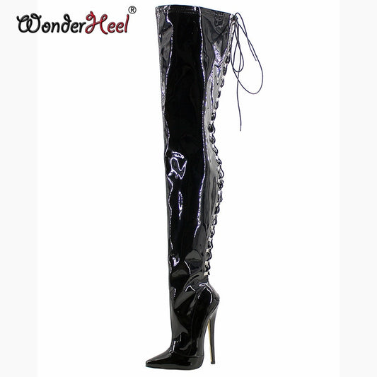 Wonderheel extreme high heel 7" stiletto heel pointed toe over knee patent leather sexy fetish women Crotch boots big size