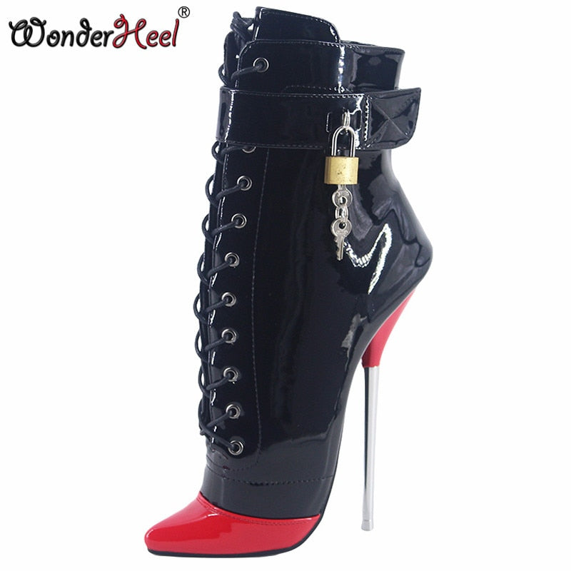 Wonderheel 2020 New 7" Stiletto Heel Patent Leather Sexy Fetish Ankle Ballet Boots Multicolour Locked Padlock Women Ballet Shoes