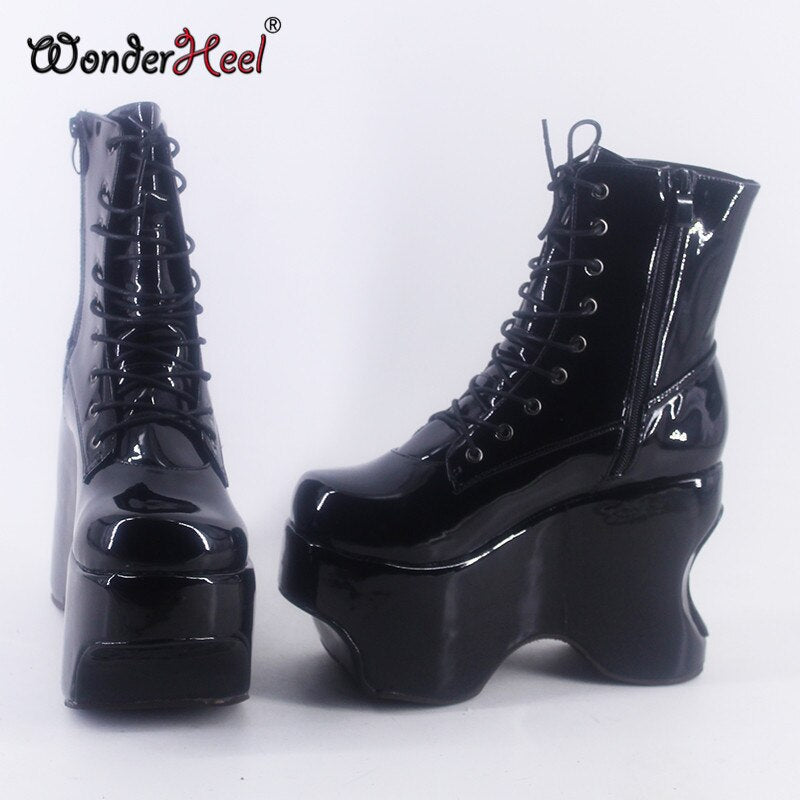 Wonderheel 2021 New Summer 12cm Height increasing Heels Punk Platform Japanese Modern Lacing Up Cosplay Women Ankle Boots