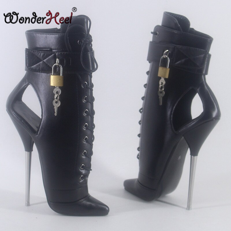 Wonderheel 2020 New 18cm stiletto heel Matte leather sexy fetish ankle ballet boots locked padlocks women ballet shoes