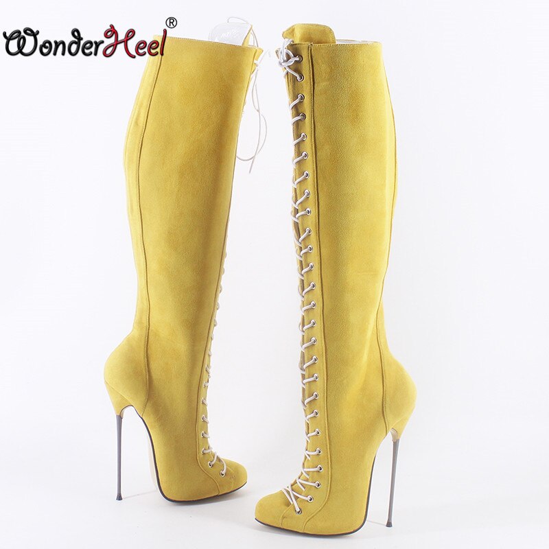 Wonderheel New 16cm Ultra Thin heel Extreme high heel Suede Leather sexy Wonder Girls Nightclub Lace Up Knee High Boots Big Size