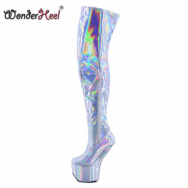 Wonderheel New 22cm Hoof Heels Sexy Laser Crystal Leather Side Lacing Cosplay Platform Over Knee Boots Heelless Thigh High Boots