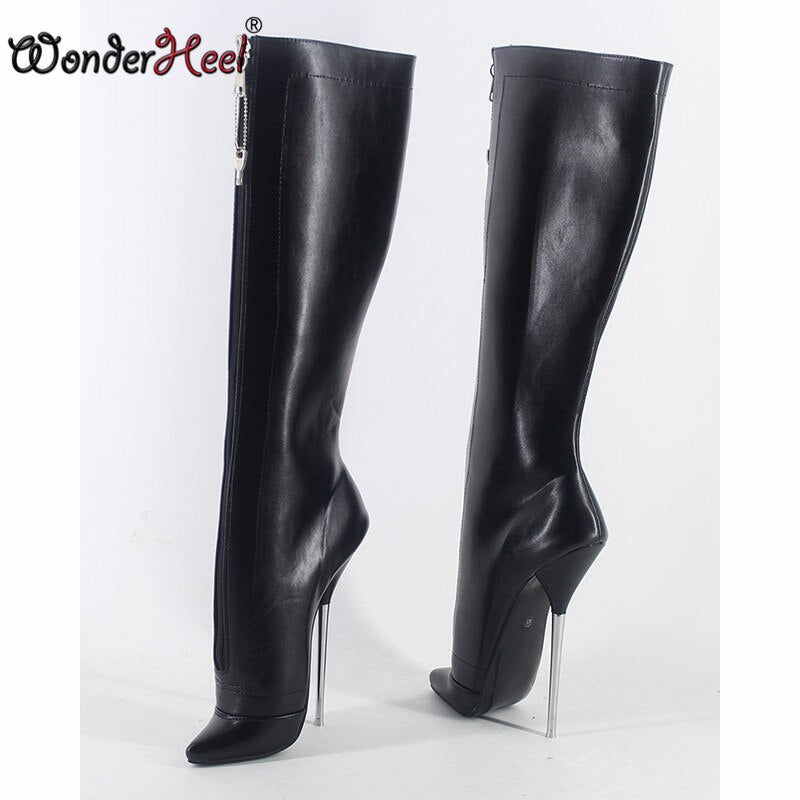 Wonderheel 2020 New style fetish ballet shoes  7" stiletto heel matt leather Locked Zipper nightwear sexy knee high ballet boots