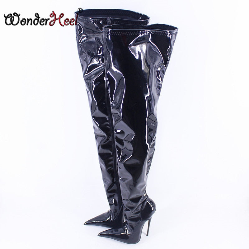 Wonderheel 2021 High Heel Appr.18cm Stiletto Heel Extreme Pointed Toe Patent Leather Over Knee Boots Nightclub Sexy Crotch Boots