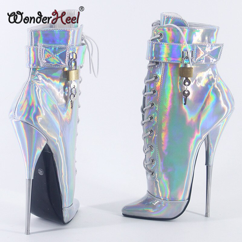 Wonderheel 2020 New 7" stiletto heel Laser crystal leather sexy fetish ankle ballet boots nightclub padlocks women ballet shoes