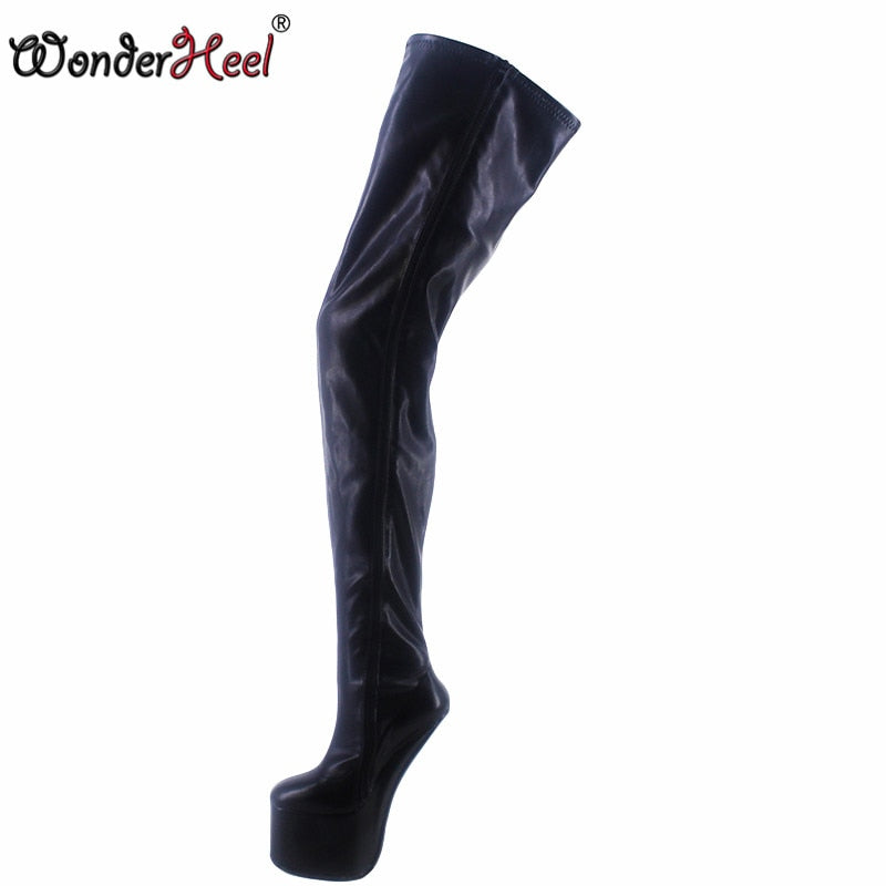 Wonderheel New 22cm Hoof Heels Matte Leather Sexy Fetish Cosplay Appr. 9cm Platform Over Knee Boots Heelless Crotch Boots