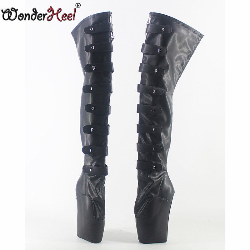 Wonderheel Locked zipper high heel 7" heel Matt leather ballet thigh high boots sexy buckle straps lock padlocks over knee boots