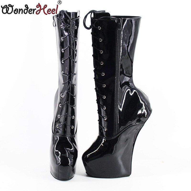 Wonderheel new 8" heel Patent leather Fetish Heelless strange style ponying heel lace up  Platform mid-calf boots