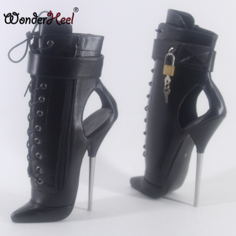 Wonderheel 2020 New 18cm stiletto heel Matte leather sexy fetish ankle ballet boots locked padlocks women ballet shoes