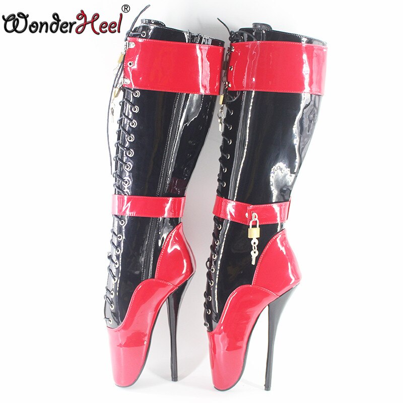 Wonderheel ultra high heel 18cm stilleto heel black and red patent women knee high padlocks ballet boots fetish fashion shoes