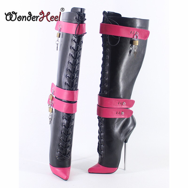 Wonderheel 2020 New 18cm Stiletto Heel Matt Leather Multi Colors Sexy Fetish Locked Padlocks Women Knee High Ballet Shoes