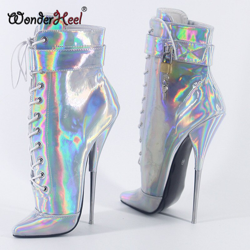 Wonderheel 2020 New 7" stiletto heel Laser crystal leather sexy fetish ankle ballet boots nightclub padlocks women ballet shoes