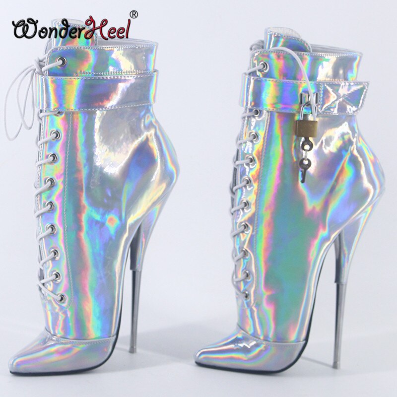 Wonderheel 2020 New 7" stiletto heel Laser crystal leather sexy fetish ankle ballet boots nightclub padlocks women ballet shoes