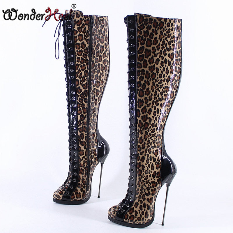 Wonderheel 16cm Ultra Thin heel Platform Extreme high heel Leopard Leather sexy Wonder Girls Nightclub Lace Up Knee High Boots