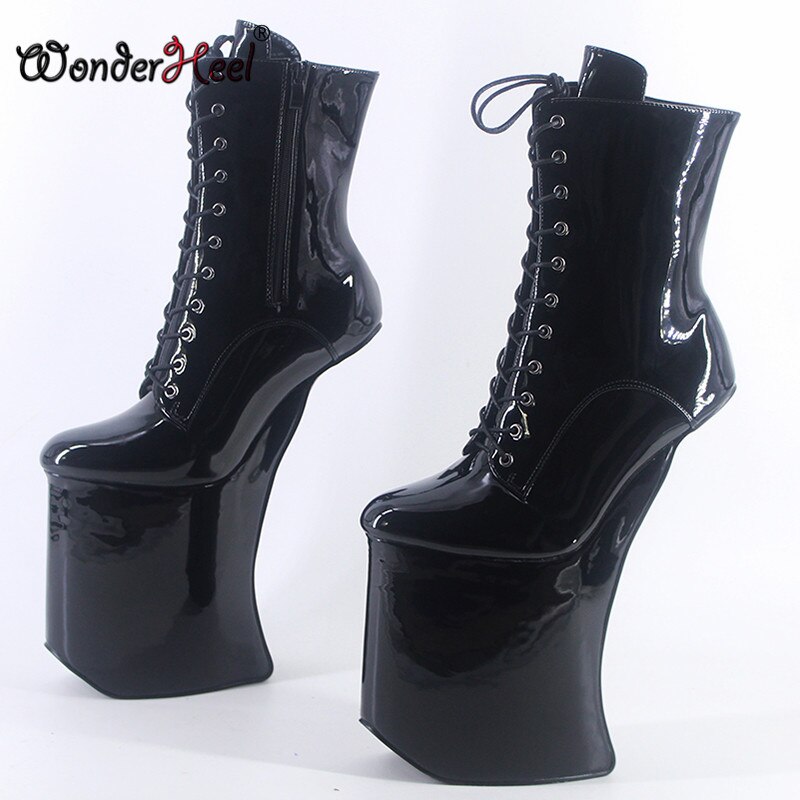 Wonderheel 2020 New 25cm Heelless Patent Leather Sexy Fetish Appr.14cm Platform Ankle Boots Nightclub Women Shoes Big Size