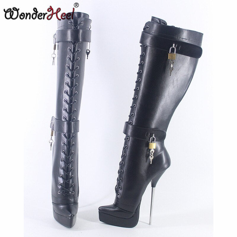 Wonderheel 2020 New 8" Stiletto Heel Matt Leather Sexy Fetish Platform Knee High Ballet Boots Locked Zipper Women Ballet Shoes