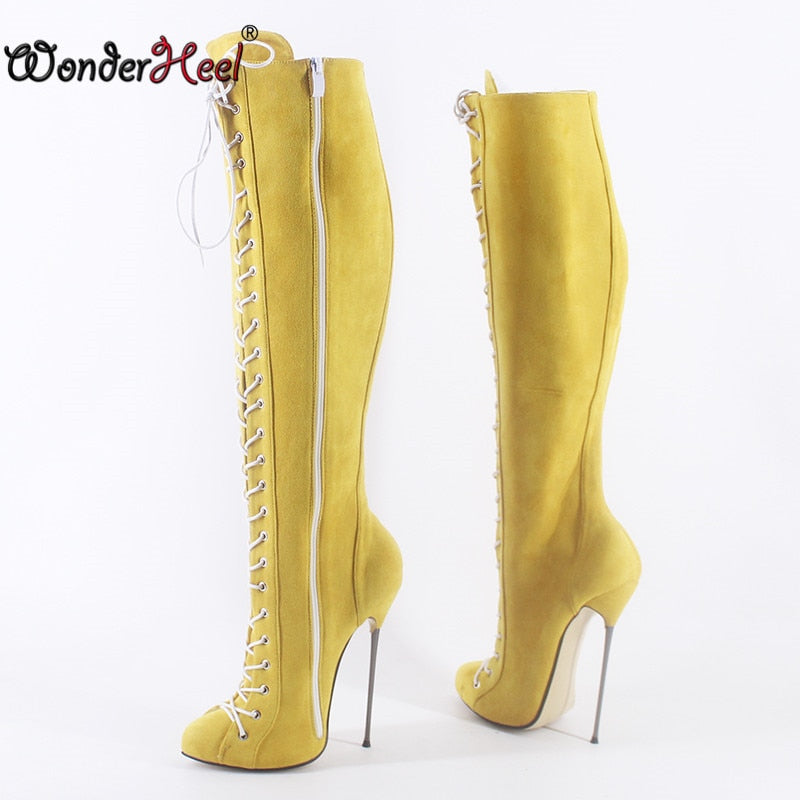 Wonderheel New 16cm Ultra Thin heel Extreme high heel Suede Leather sexy Wonder Girls Nightclub Lace Up Knee High Boots Big Size