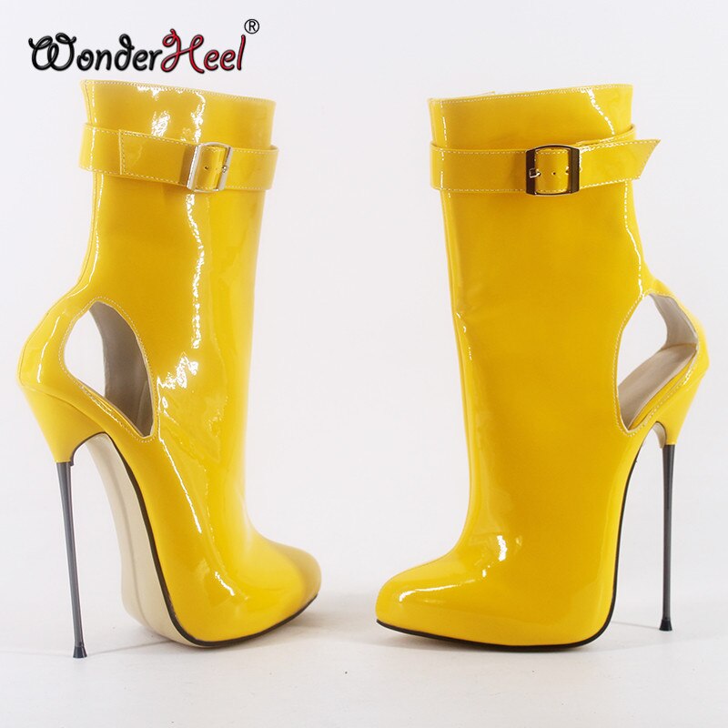 Wonderheel New 16cm stiletto heel super high heel Patent PVC Leather sexy fetish ultra thin metal heel Nightclub ankle boots