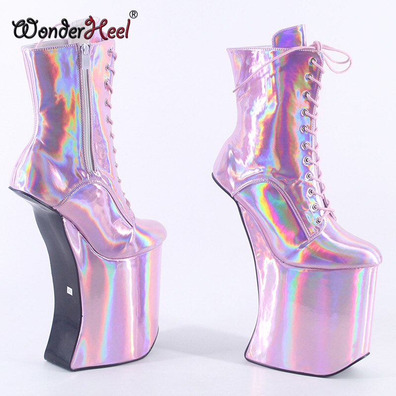 Wonderheel High Heel 25cm Heelless Laser Crystal Leather Sexy Fetish Appr. 14cm Platform Ankle Boots Nightclub Women Shoes