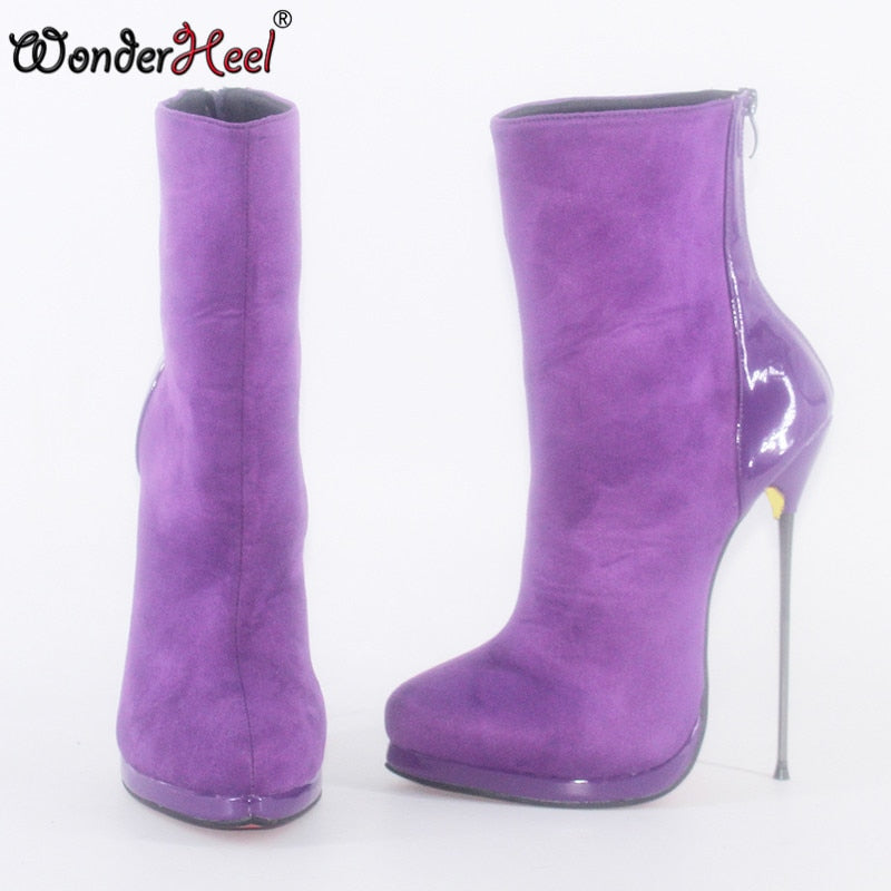 Wonderheel New 16cm Ultra Thin Metal heel Platform Fetish high heel Purple Suede Leather Sexy Super Girls Nightclub Ankle Boots