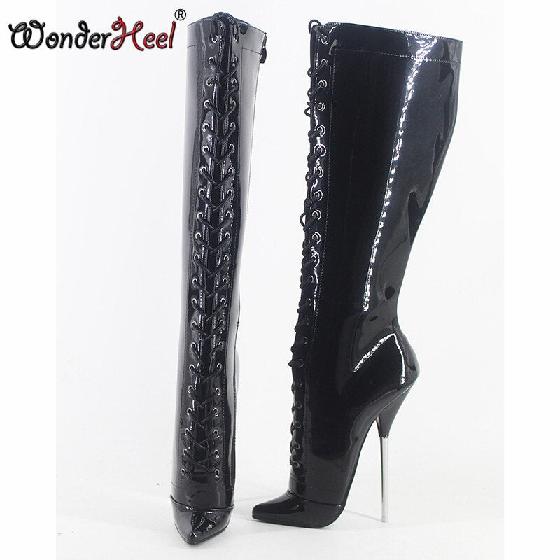 Wonderheel 2020 New extra high heel 7" stiletto heel patent leather sexy fetish knee high boots women ballet shoes big size