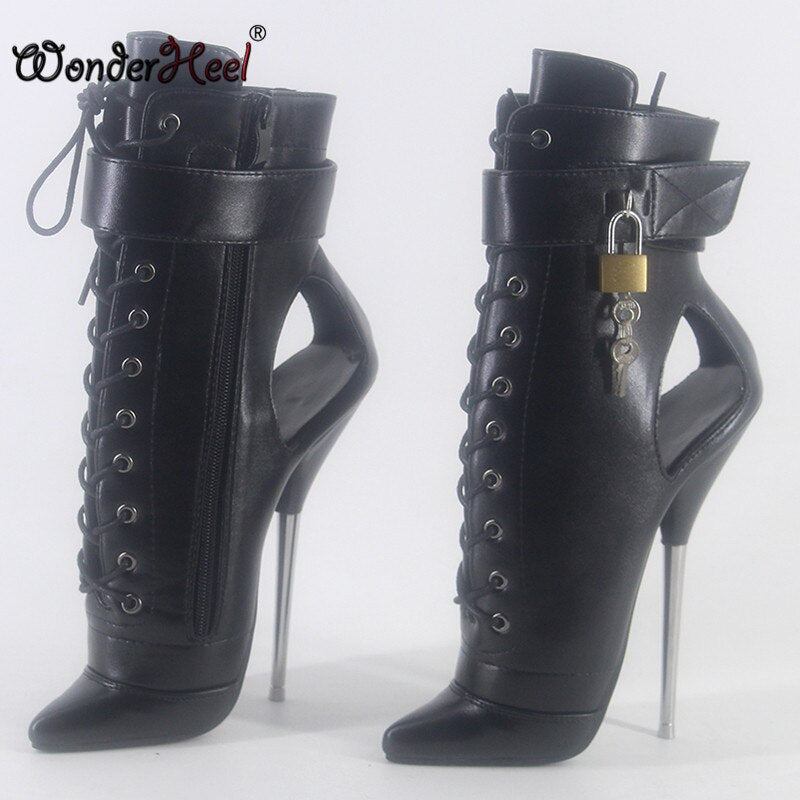 Wonderheel 2020 New 18cm stiletto heel Matte leather sexy fetish ankle ballet boots locked padlocks women ballet shoes