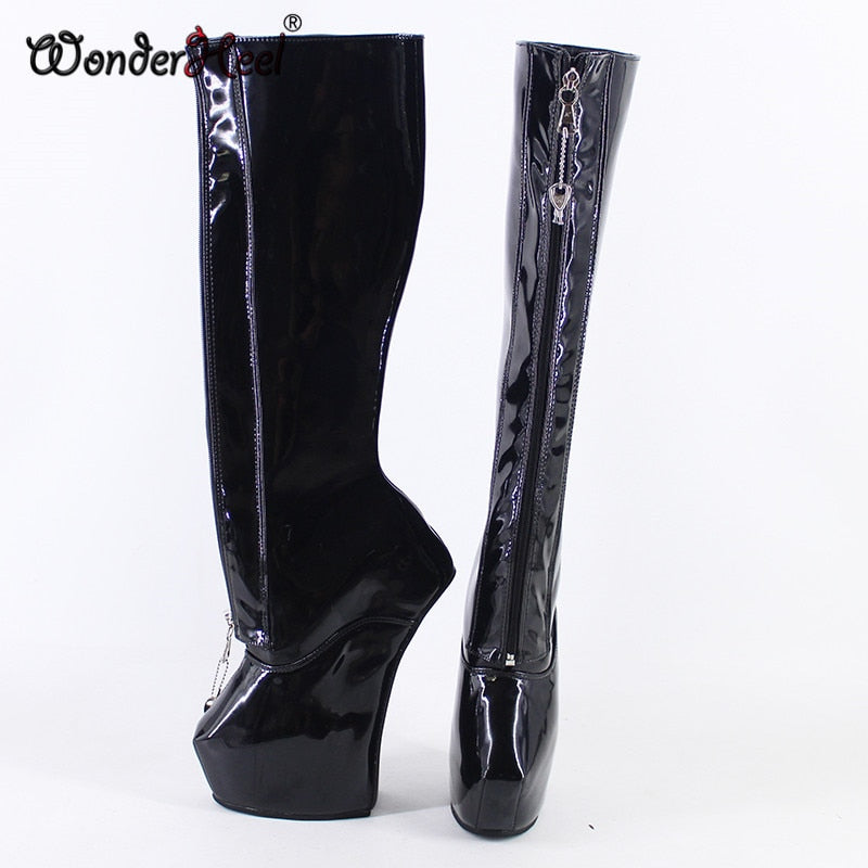 Wonderheel New 20cm heelless Sexy Fetish Hoof Heels Lockable Zipper Fashion Platform Knee High Boots Modern Horse Ponying  Shoes