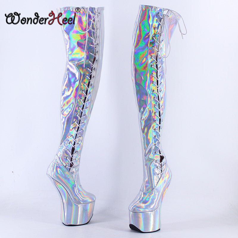 Wonderheel New 22cm Hoof Heels Sexy Laser Crystal Leather Side Lacing Cosplay Platform Over Knee Boots Heelless Thigh High Boots