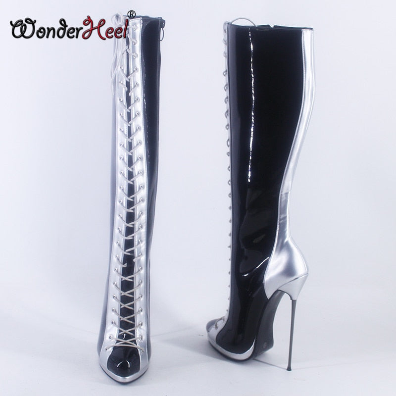 Wonderheel 16cm Ultra Thin heel Platform Extreme high heel Multi Color Patent Leather sexy Nightclub Lace Up Knee High Boots