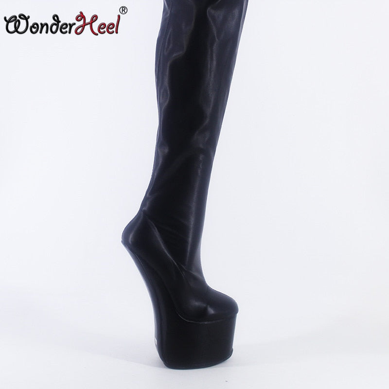 Wonderheel New 22cm Hoof Heels Matte Leather Sexy Fetish Cosplay Appr. 9cm Platform Over Knee Boots Heelless Crotch Boots