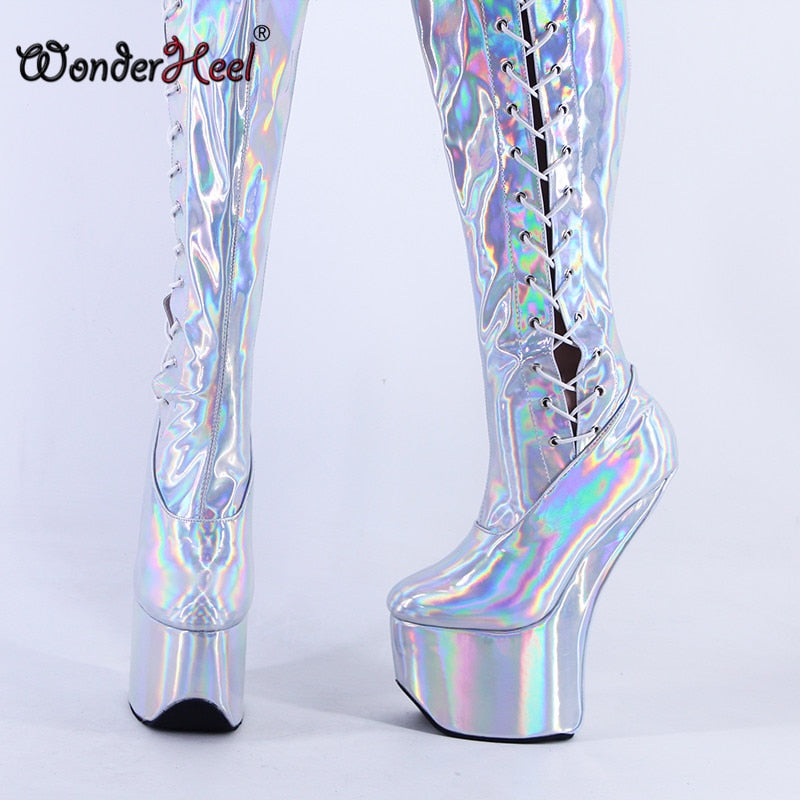 Wonderheel New 22cm Hoof Heels Sexy Laser Crystal Leather Side Lacing Cosplay Platform Over Knee Boots Heelless Thigh High Boots