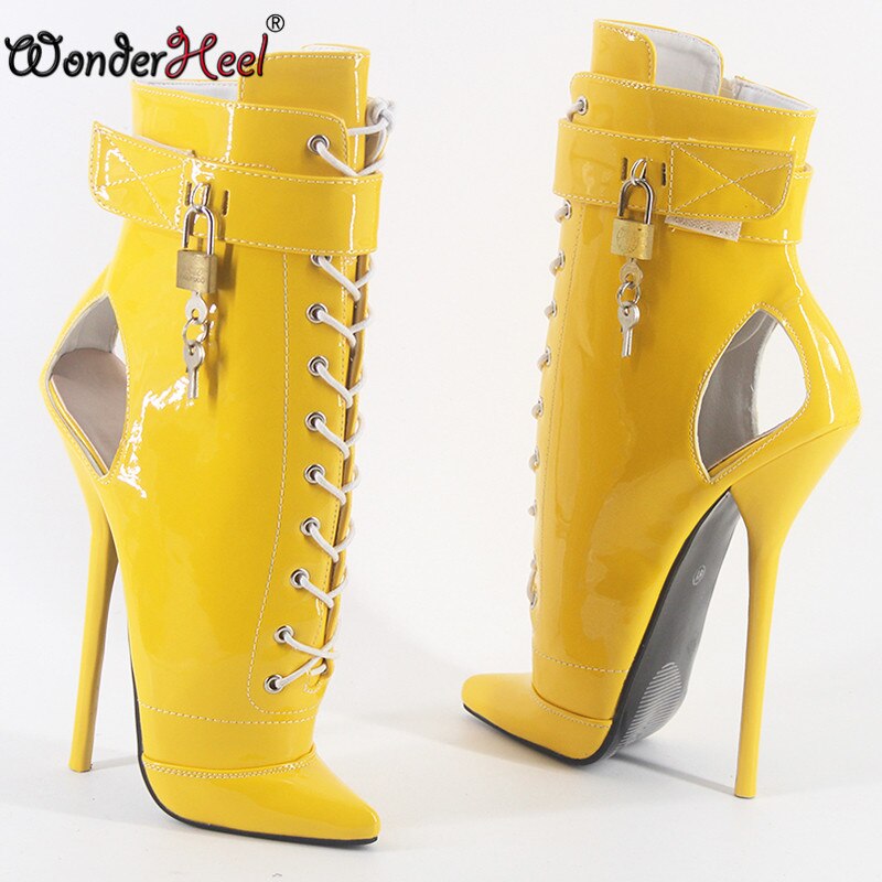 Wonderheel  New Style 7" Thin Heel Patent Leather Sexy Fetish Ballet Ankle Boots PVC Locked Padlocks Women Ballet Shoes