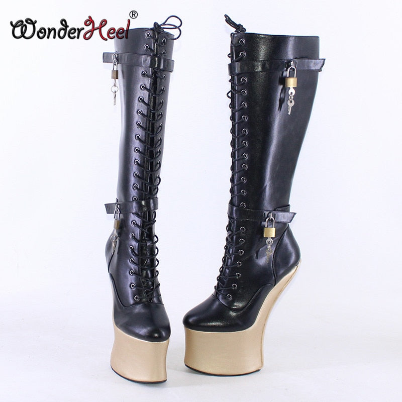 Wonderheel 20cm Hoof Heels Matte Leather Sexy Cosplay Platform Knee High Boots Multi-color Locked Padlock Heelless Horse Shoes