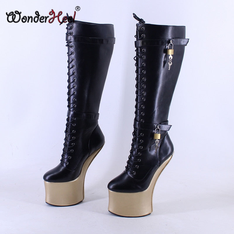 Wonderheel 20cm Hoof Heels Matte Leather Sexy Cosplay Platform Knee High Boots Multi-color Locked Padlock Heelless Horse Shoes